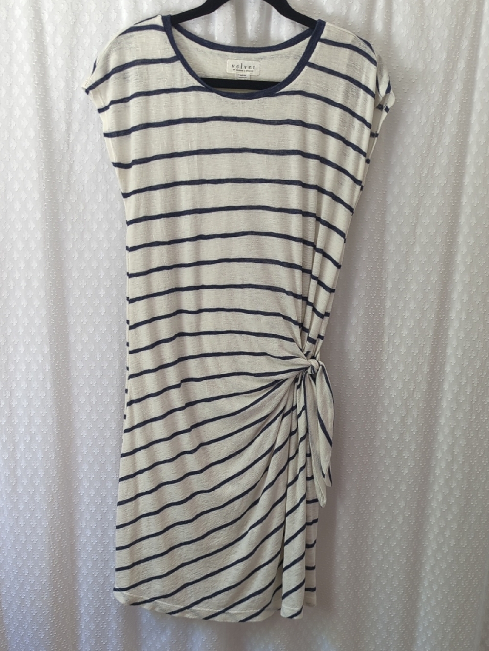 Velvet By Graham And Spencer White Blue Stripe Tie Waist Dress Size Small